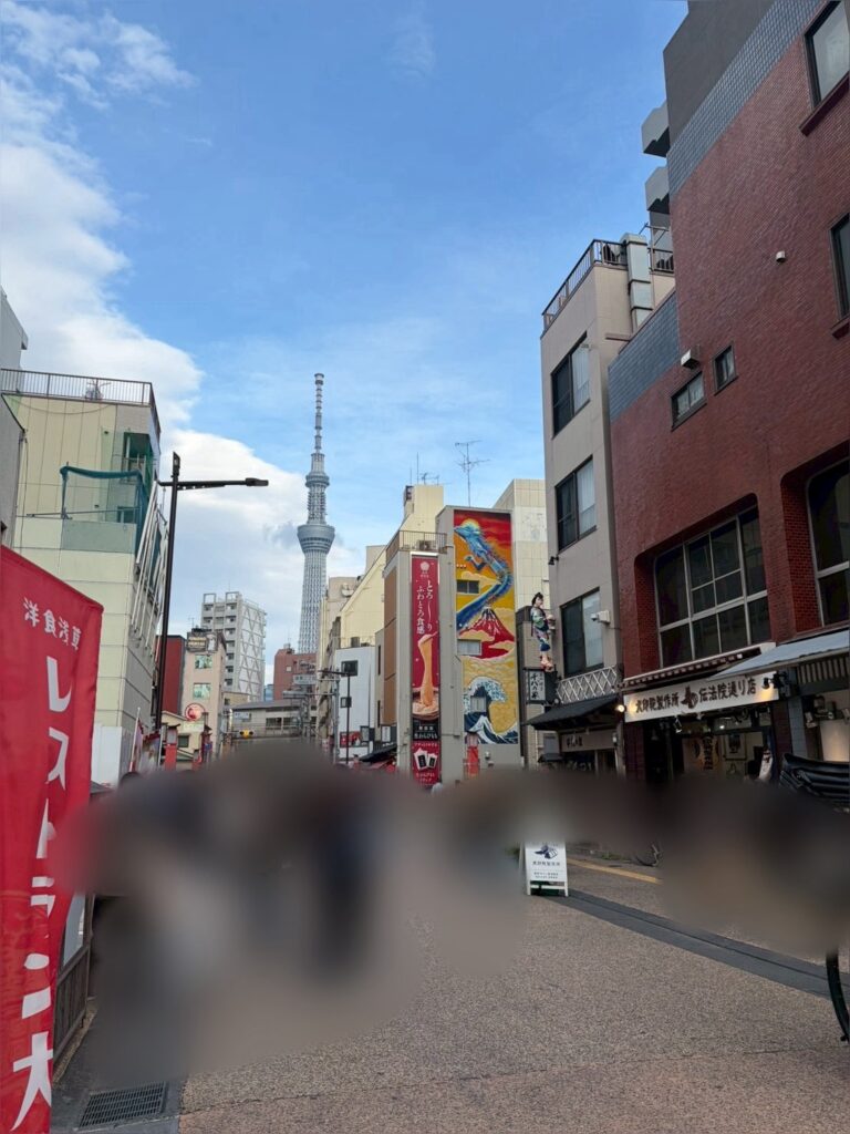 浅草の路地の先にスカイツリーがそびえたっています。