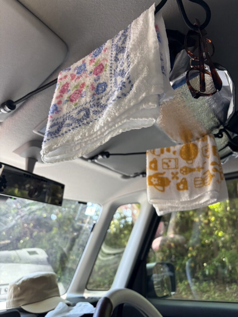 スペーシアベースの車内天井にフックで掛けられたタオルやメガネ