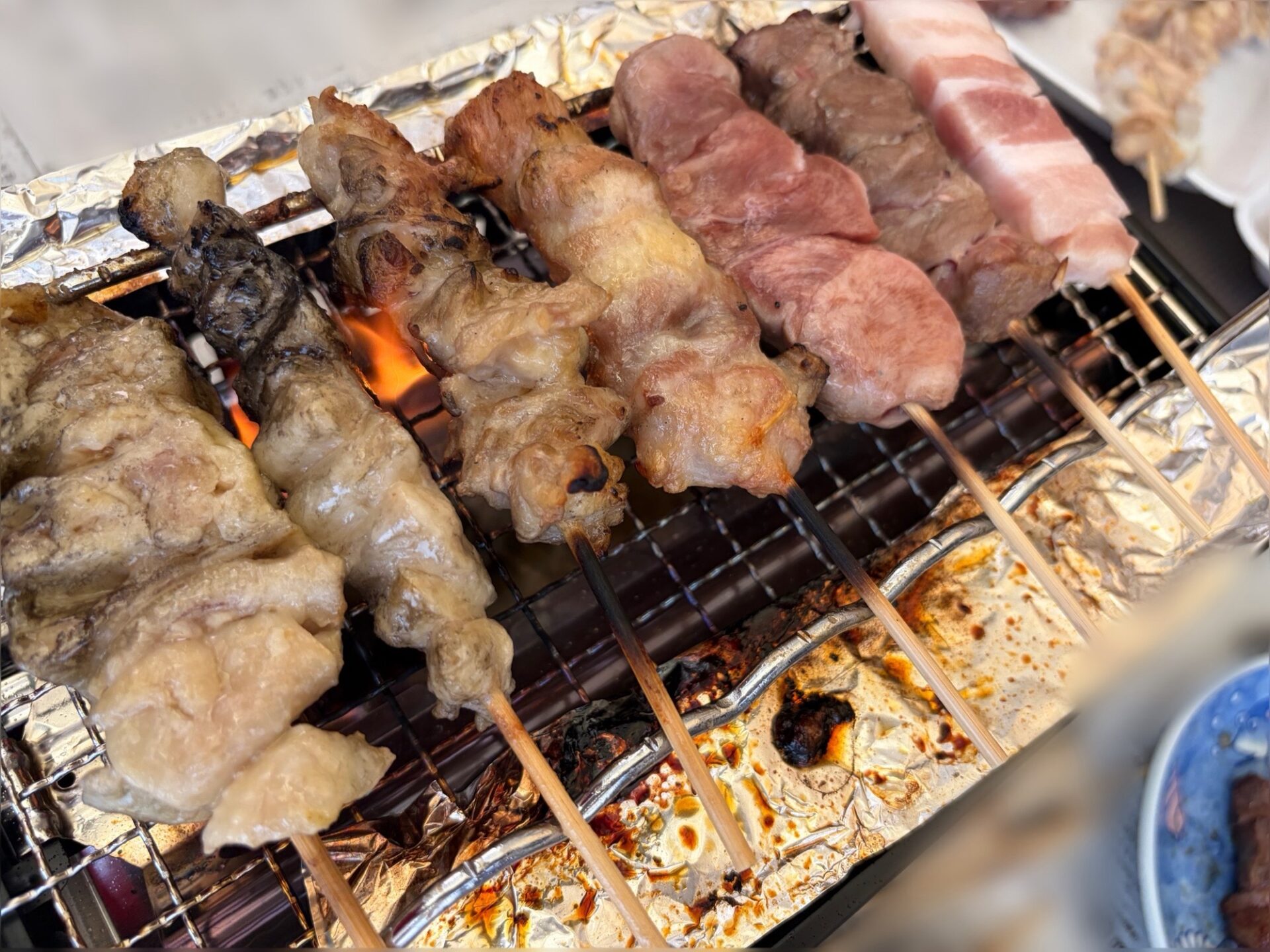イワタニの炉ばた焼器炙りやIIで様々な種類の焼き鳥を焼いている様子